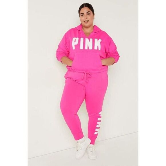 PINK Victorias Secret Cinched‎ Crop Hoodie & Sweatpants Atomic Pink Set L/XL - Picture 11 of 11